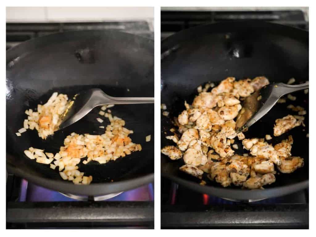 Diced onions are cooked in a hot wok then the season cubed chicken breast are added to the wok.