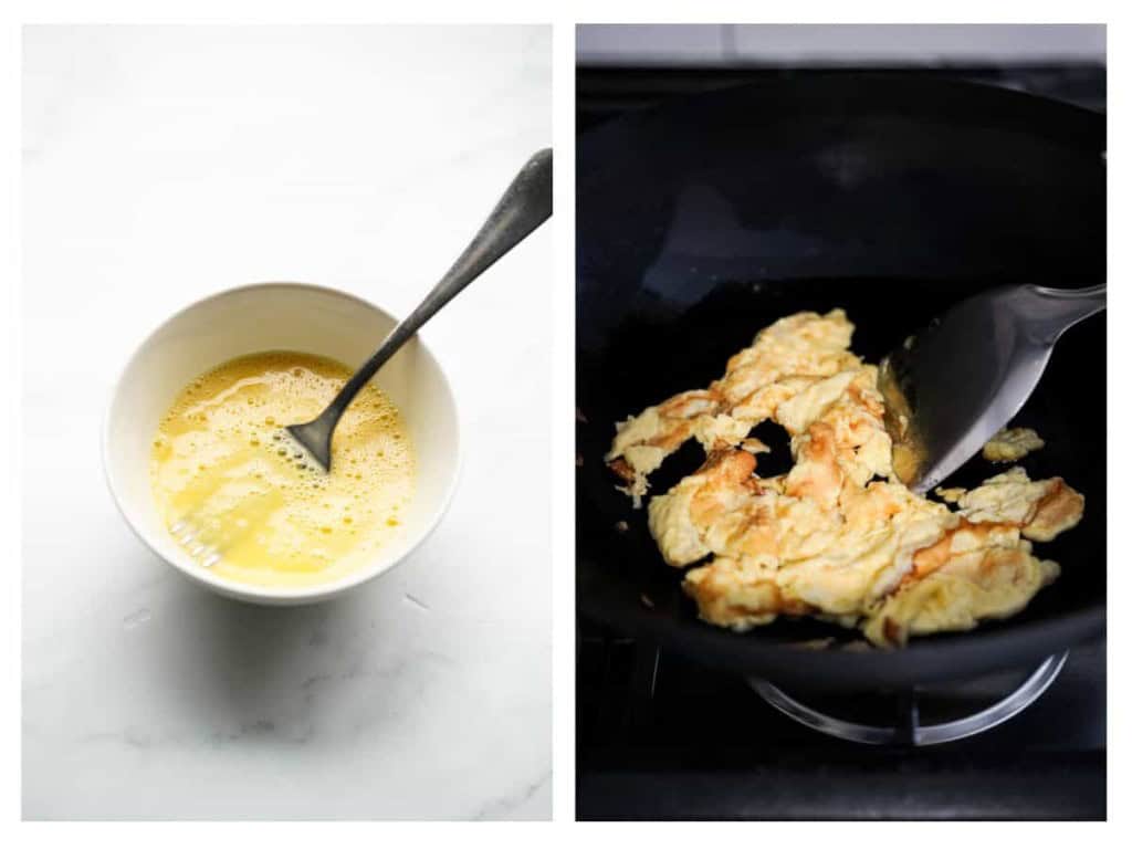 Eggs are scrambled in a small bowl and then cooked in a hot wok.