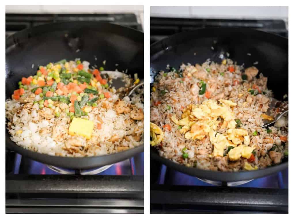 Butter and frozen veggies are added to the hot wok followed by the cooked scrambled eggs and sauce.
