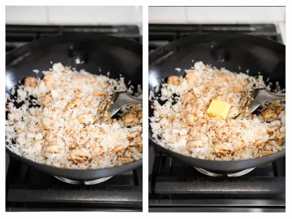 Cooked rice is added to the hot wok followed by butter.