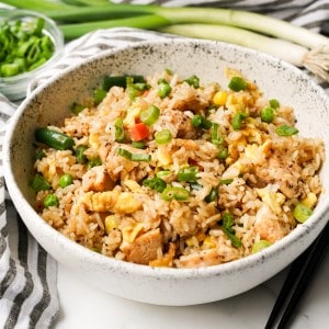A close shot of Hibachi friend rice in a bowl.