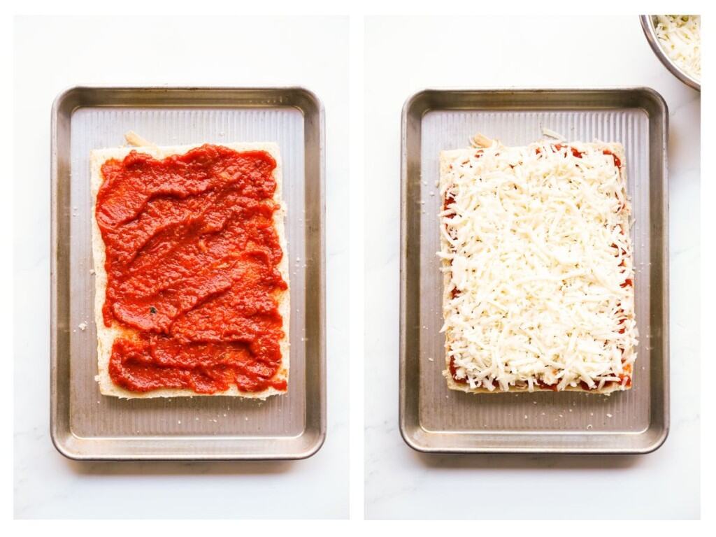 Bottom of the slider rolls top with marinara sauce spread, followed by shredded mozzarella cheese