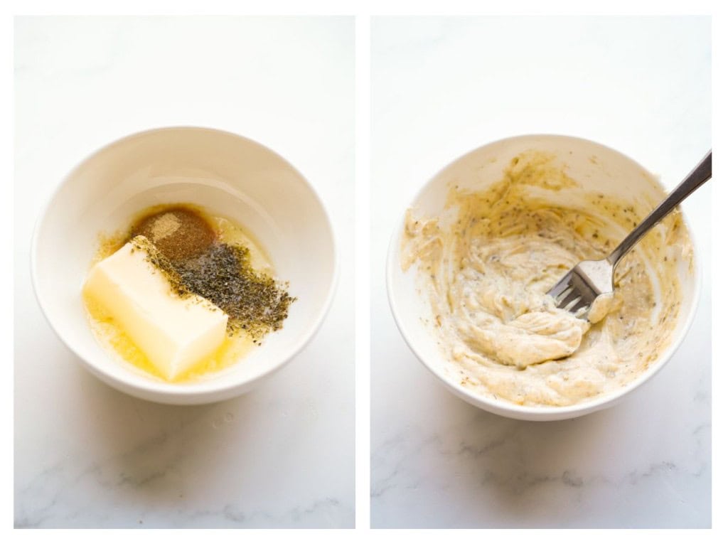 Mixing together butter, garlic powder and oregano to make a compound butter