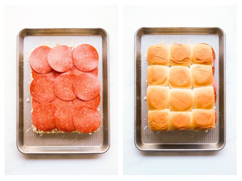 Placing pepperoni on slider rolls then the tops of the buns