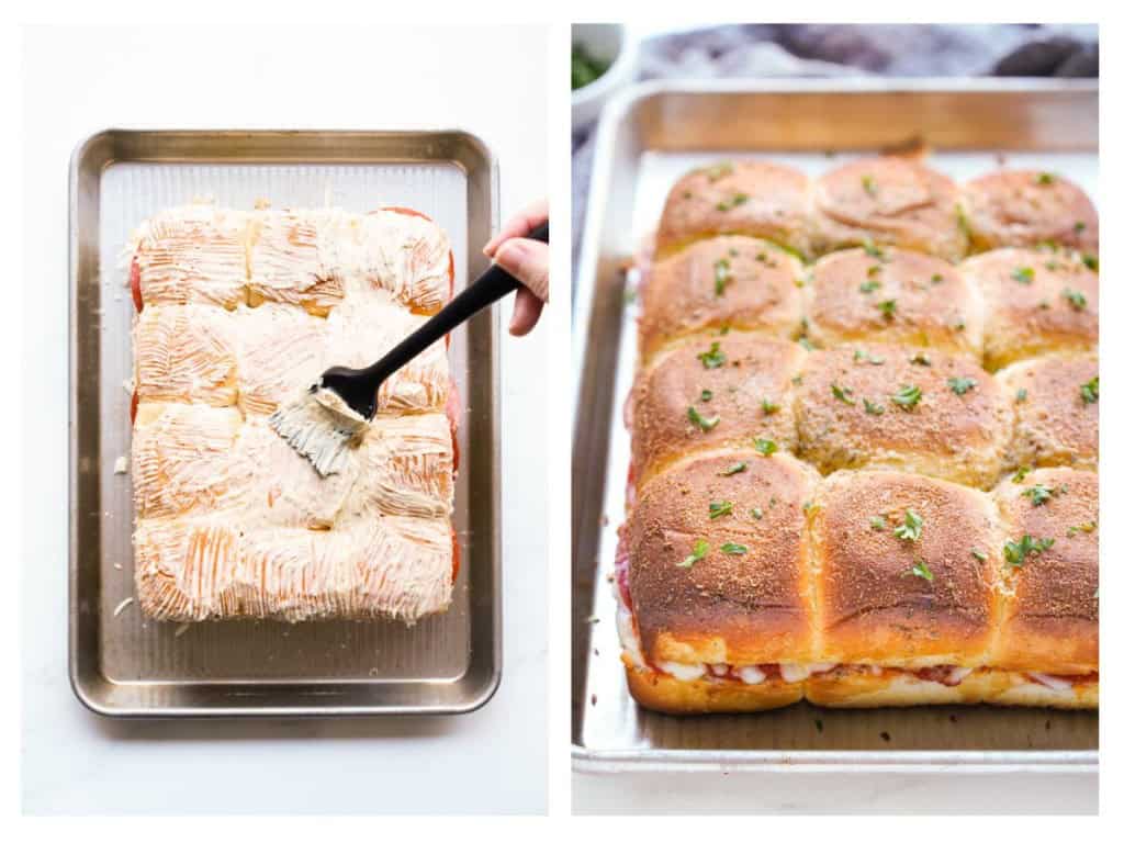 Brushing tops of pizza sliders with garlic herb butter then baking it until the tops are golden brown