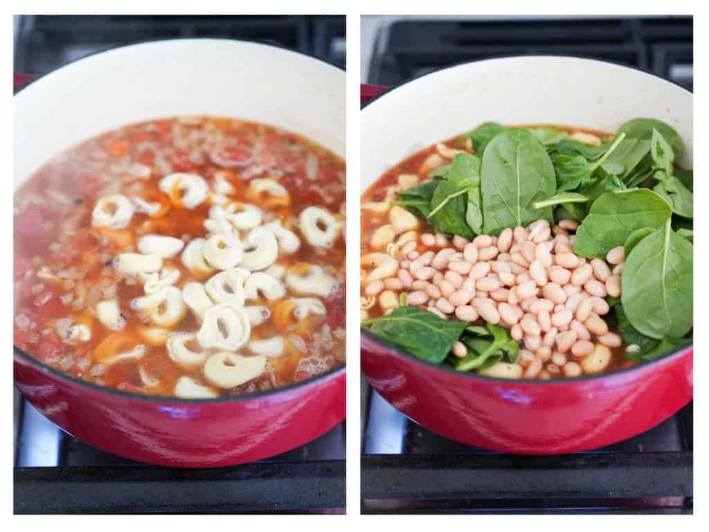 Once soup base begins to boil, add in frozen tortellini and cook through. Then add basil, spinach and white beans.
