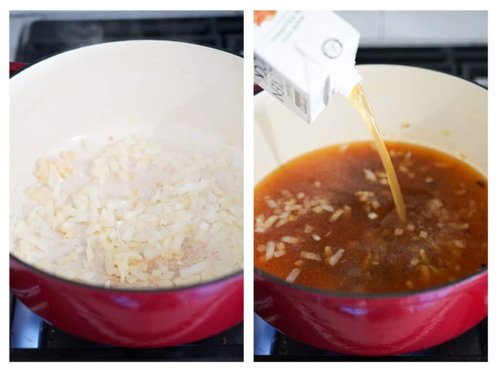 Saute onions and garlic in a Dutch oven. Once softened and fragrant, add chicken broth.