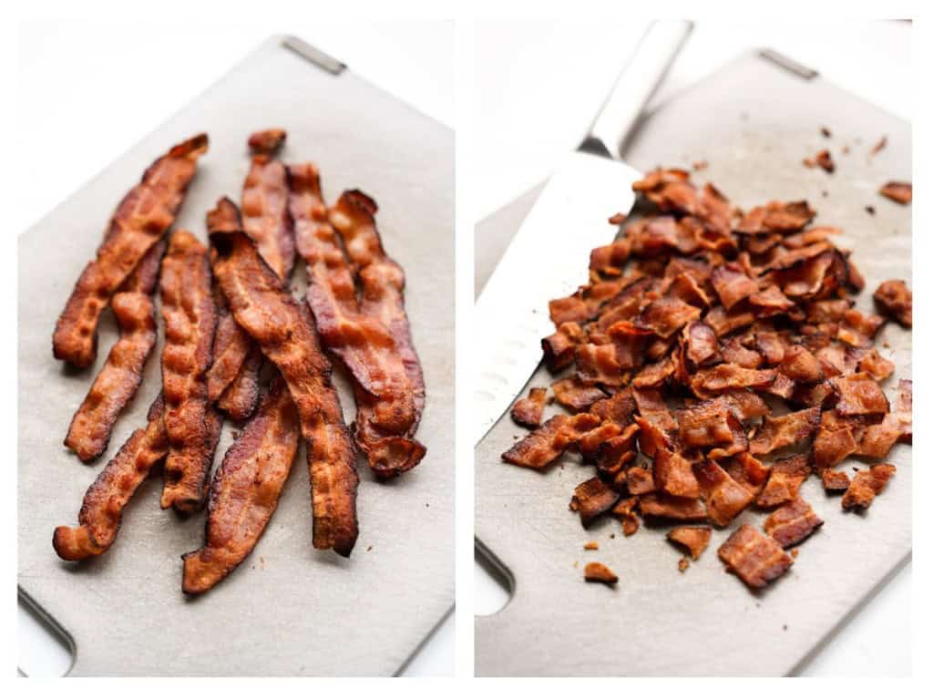 Crispy bacon is chopped into smaller pieces.