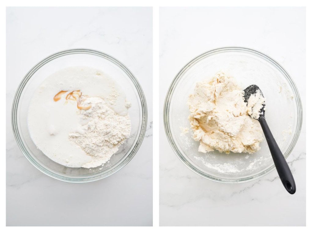 Wet ingredients are mixed with the dry ingredients to make the biscuit dough.