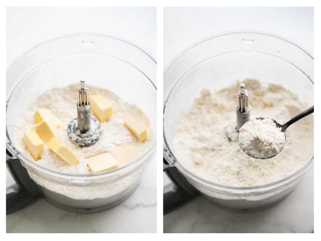 Dry ingredients along with frozen butter are placed in the bowl of a food processor and pulsed until mixture resembles course crumbs.