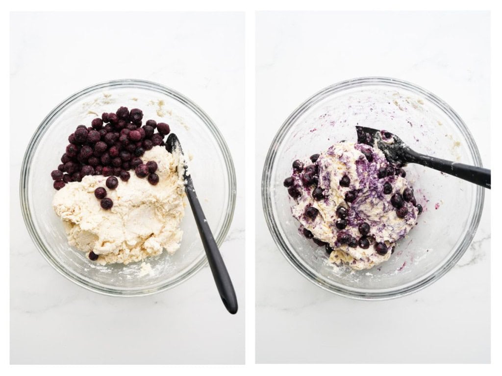 Blueberries are gently folded into biscuit dough.