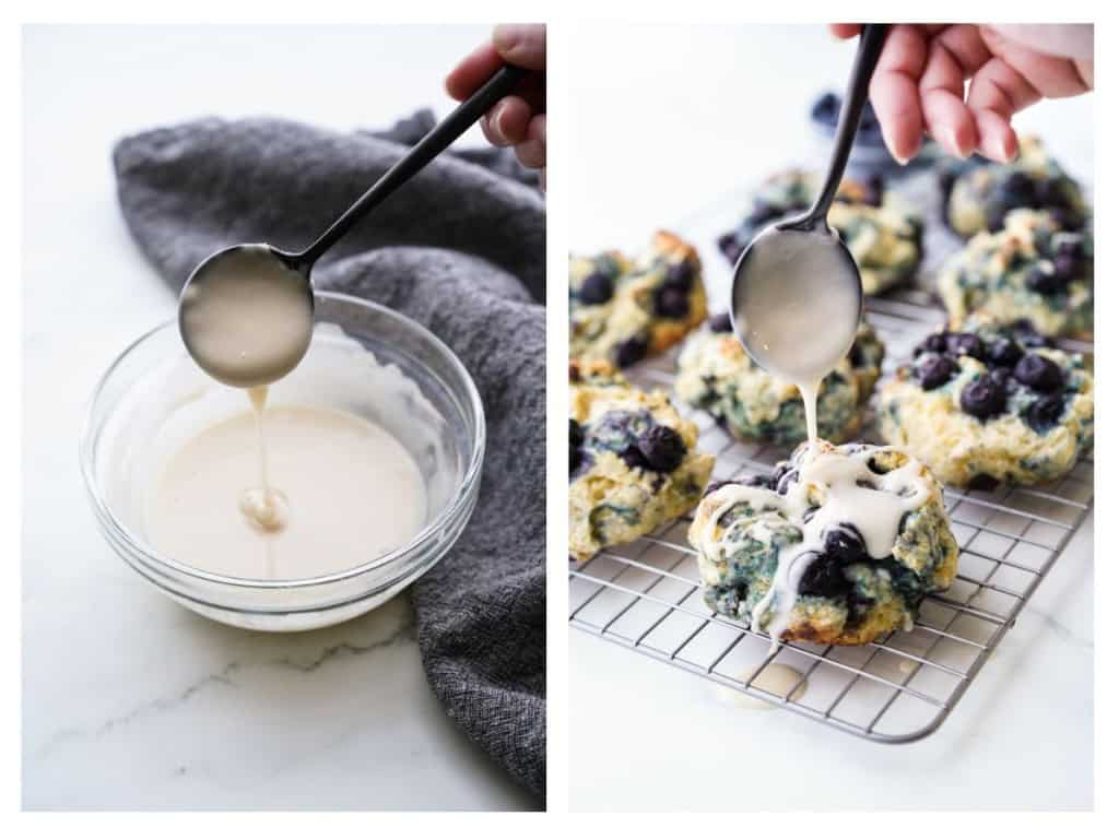 A simple glaze is mixed and then drizzled over blueberry biscuits.