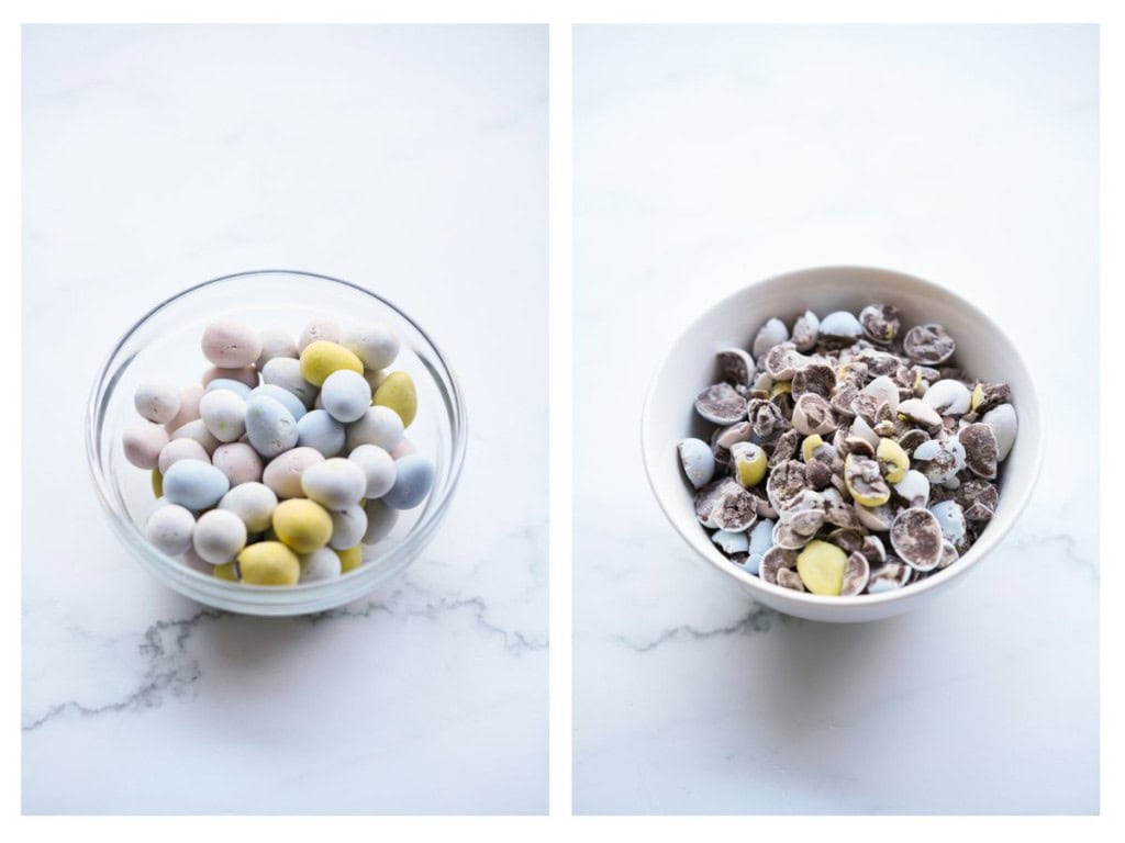 Before and after shots of whole Cadbury mini eggs being crushed into smaller pieces.