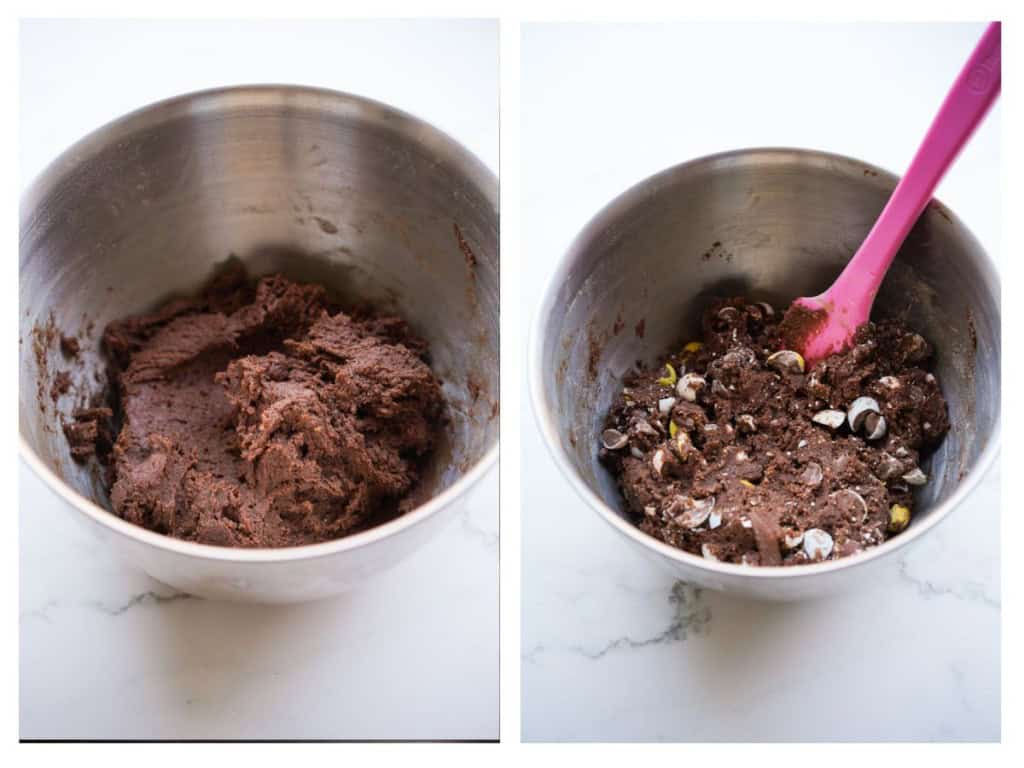 Cookie dough batter once wet and dry ingredients have been mixed together and then the crushed Cadbury mini eggs being folded in.