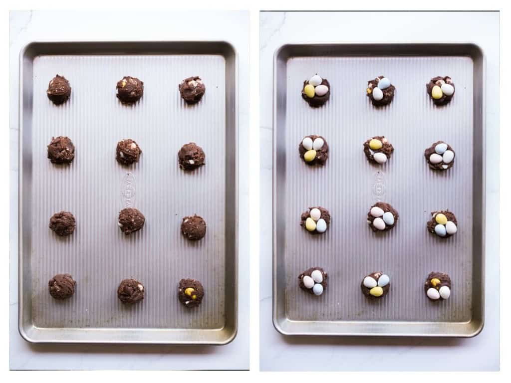 Cookie dough balls placed on baking sheet and then topped with remaining whole Cadbury mini eggs.