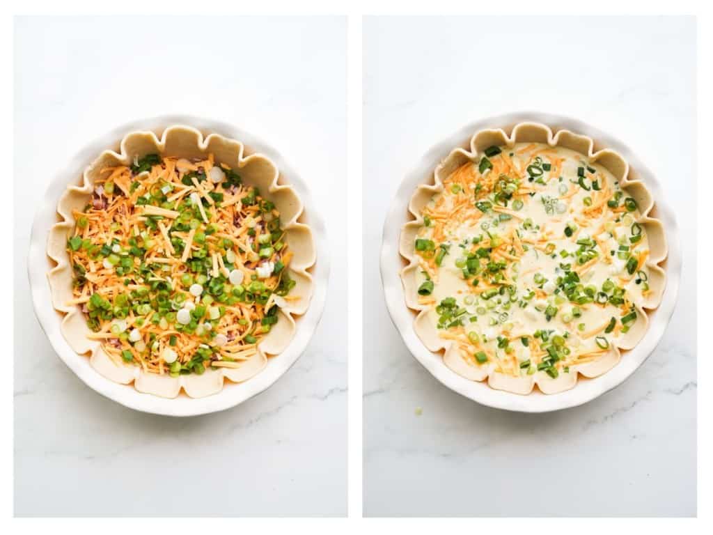 A pie pan is lined with a pie crust and then is filled with ham, cheese, green onions, and finally the whisked egg mixture.