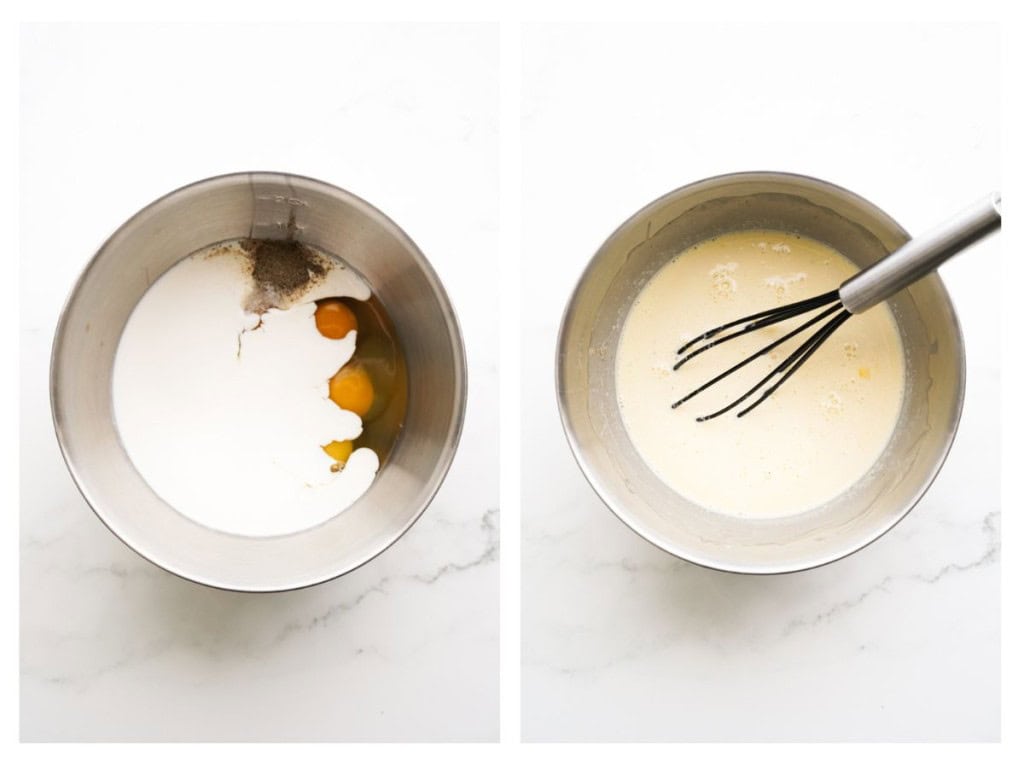 Eggs, heavy cream, salt, and pepper are placed in a mixing bowl and are then whisked.