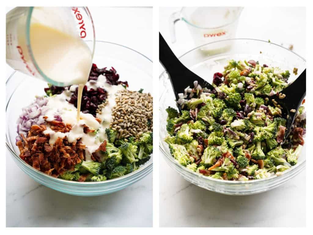 The prepared dressing is poured over bowl filled with chopped broccoli, diced red onions, dried cranberries, chopped bacon, and sunflower seeds. It is then tossed all together.
