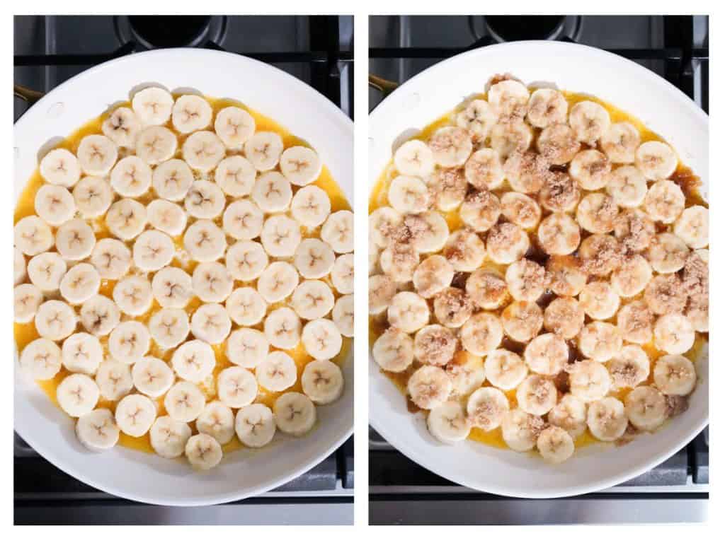 Bananas are placed into a skillet with melted butter. Brown sugar is sprinkled over the bananas.