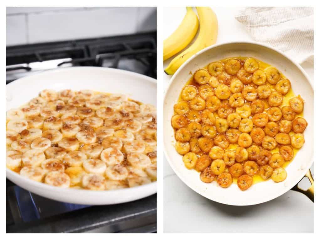 Bananas are flipped half-way through cooking.