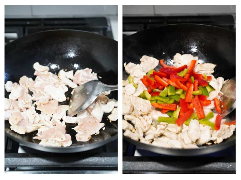The garlic and chicken are added to a searing hot wok. Once the chicken is almost fully cooked, add the bell peppers to the wok.