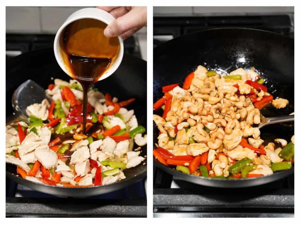 Once the bell peppers are cooked, the sauce is added to the wok. After a couple of minutes, turn the heat off and add cashews.