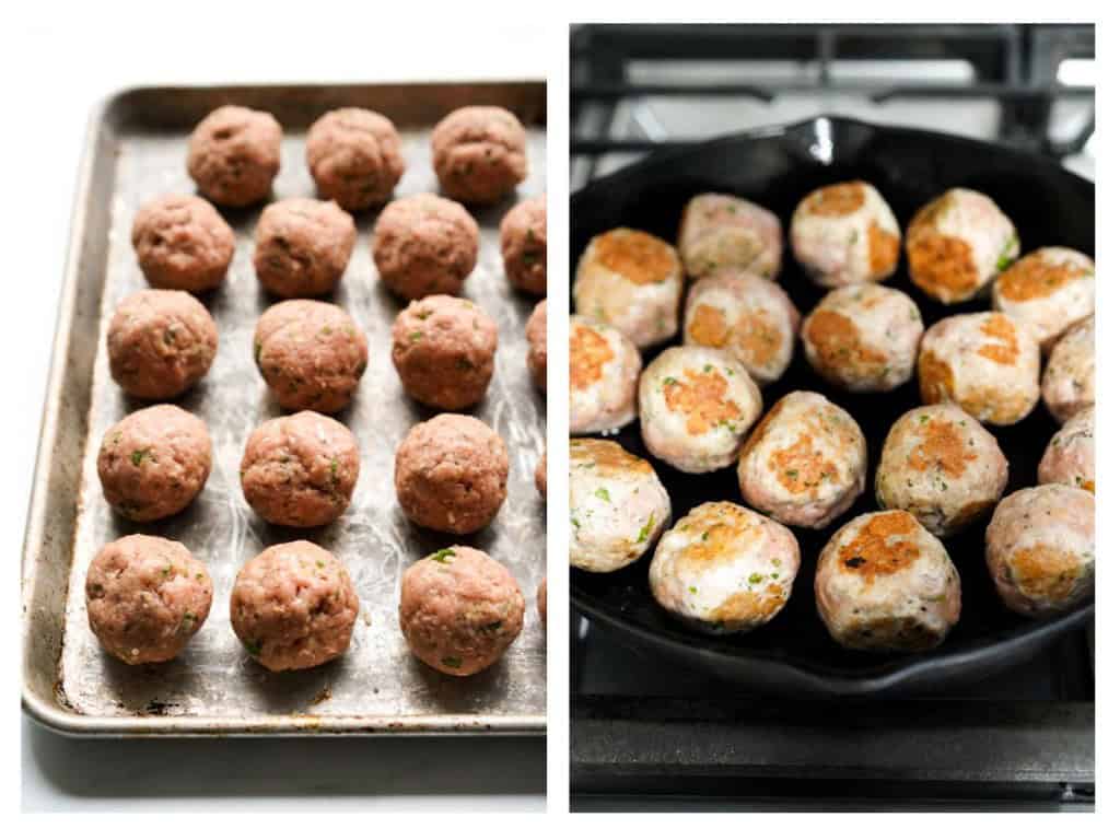 The meat is formed into meatballs and then seared in a skillet.