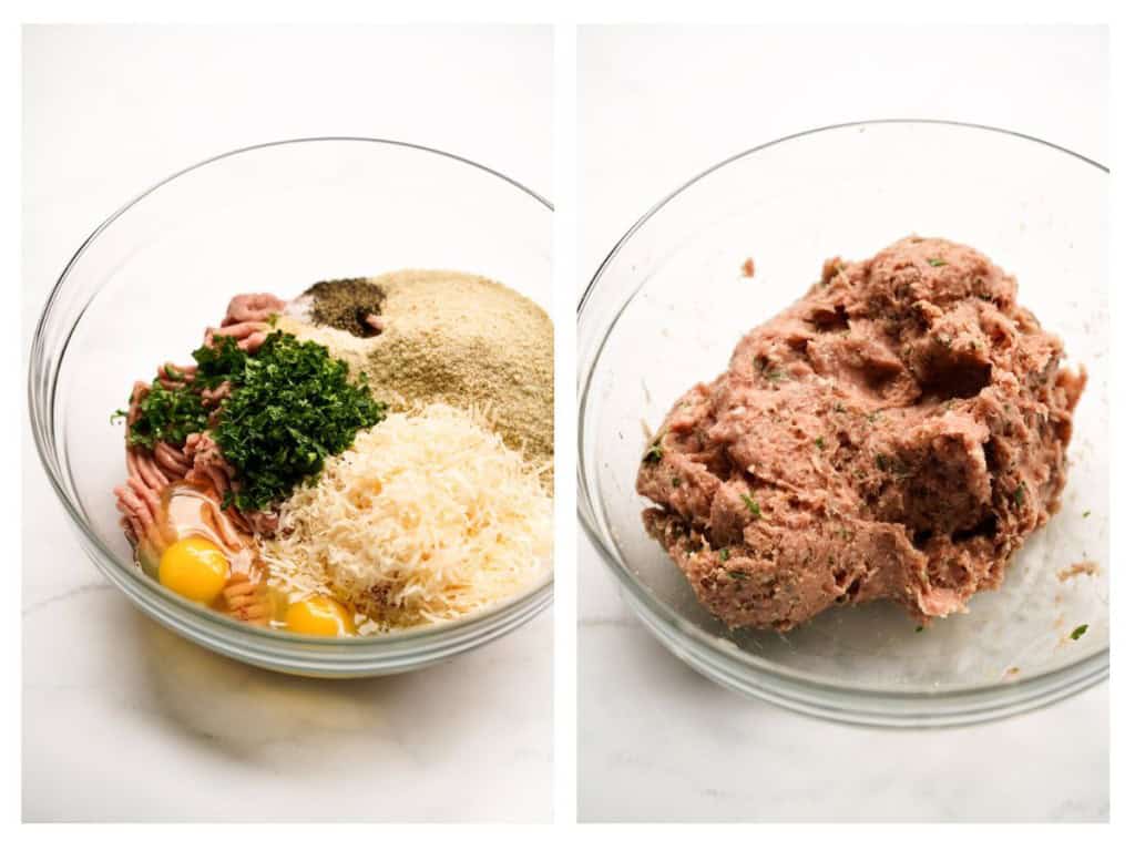 Meatball ingredients are added to a bowl and then mixed together.
