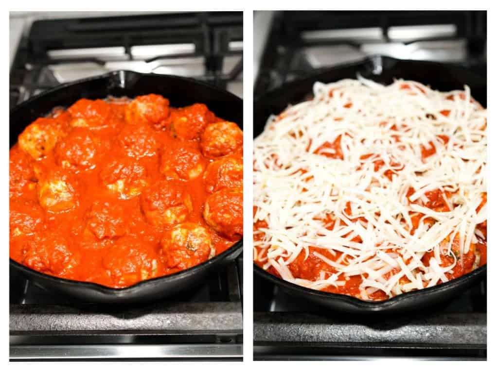 Sauce is poured over the seared meatballs and then mozzarella cheese is sprinkled over the top.