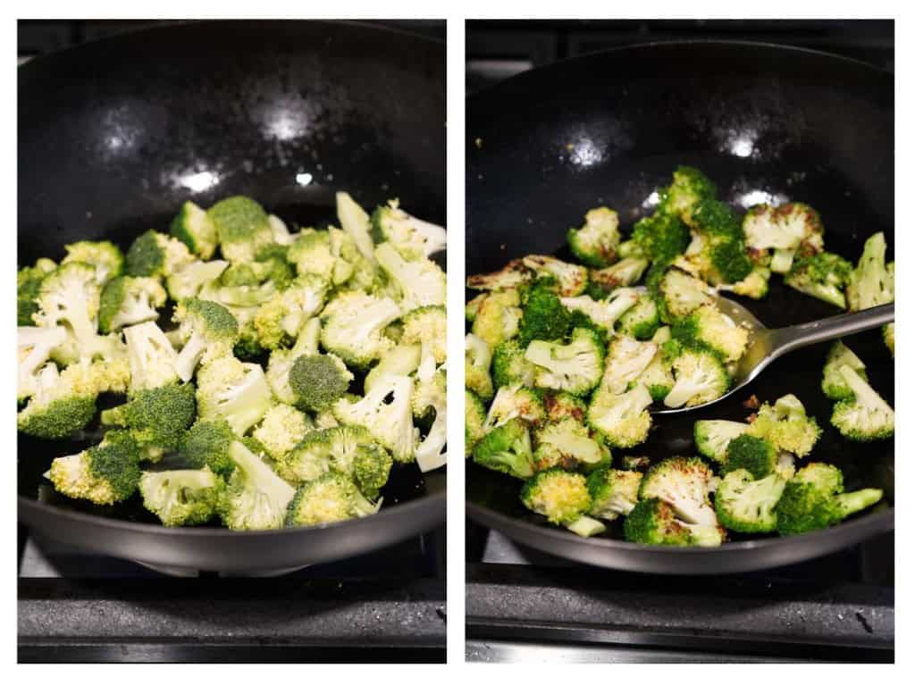 Broccoli is added to a very hot wok and then cooked until slightly crunchy.