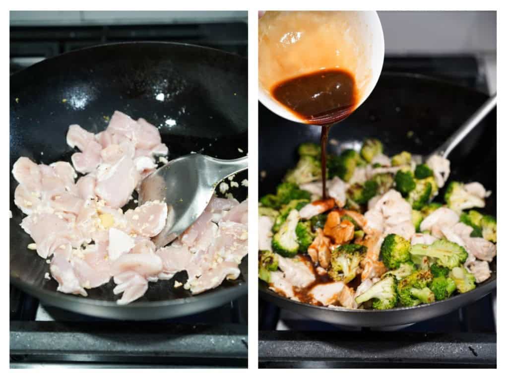 Chicken is added to the hot wok; once the chicken is fully cooked, broccoli and sauce are added to the wok.