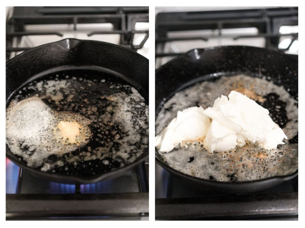 Garlic is sauted in melted butter before adding ricotta cheese.