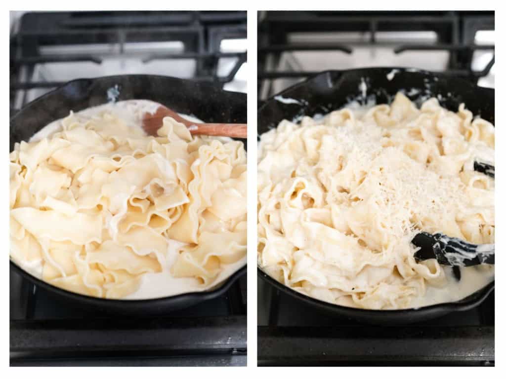 Now that the ricotta cheese sauce is ready, the prepared noodles are added to the cast iron and parmesan cheese is tossed inl