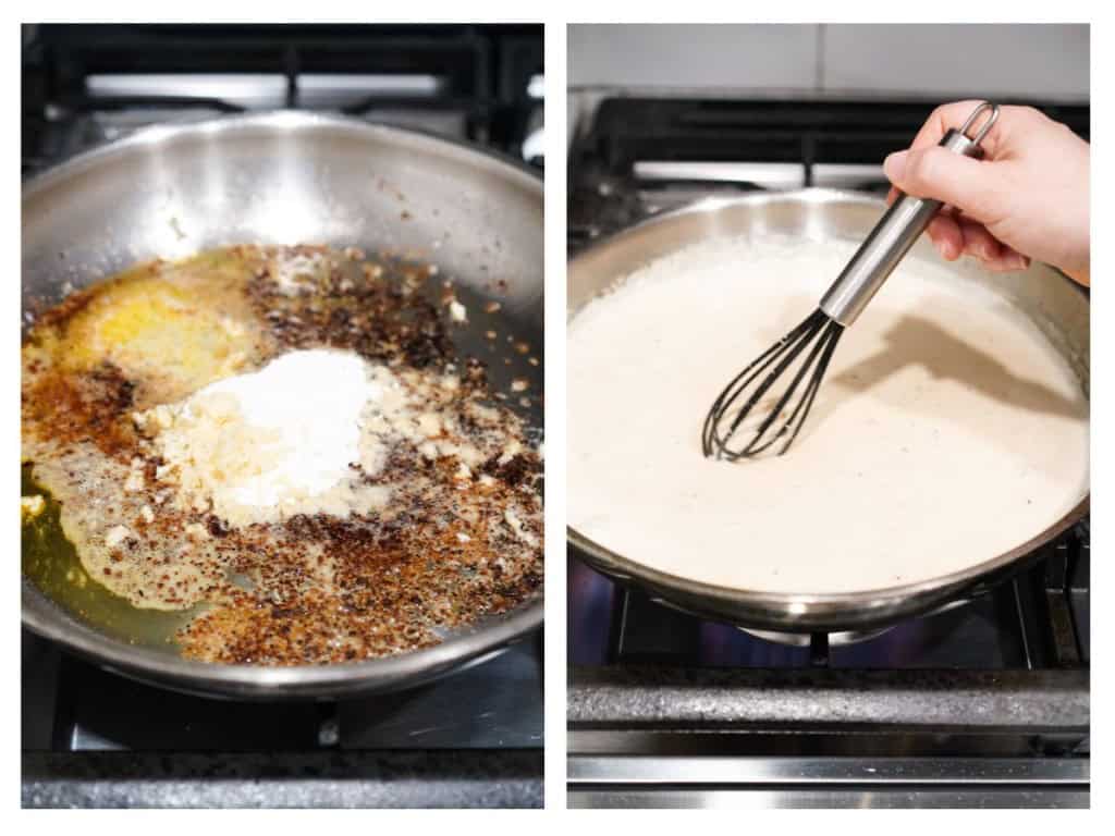 Sauce ingredients are added to the skillet and whisked together.