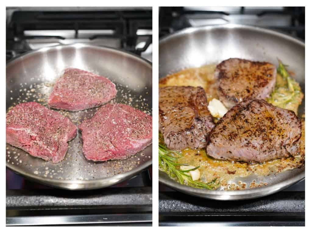 Steak is seared in a hot skillet.
