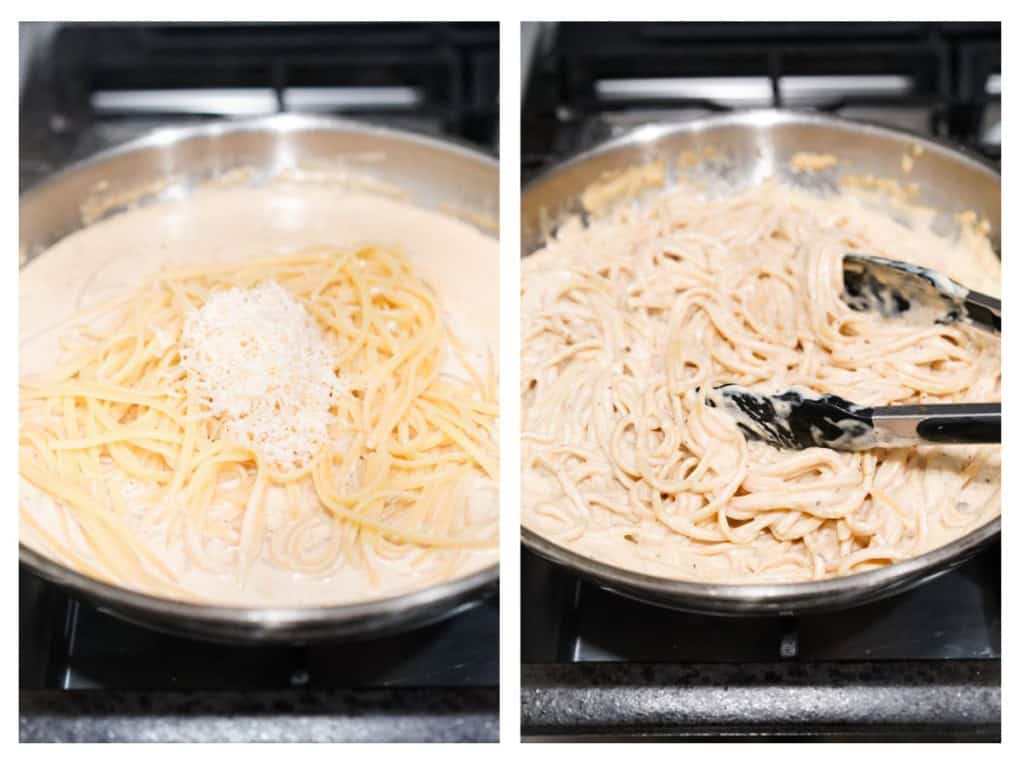 Pasta and parmesan are added to skillet and tossed in the sauce.