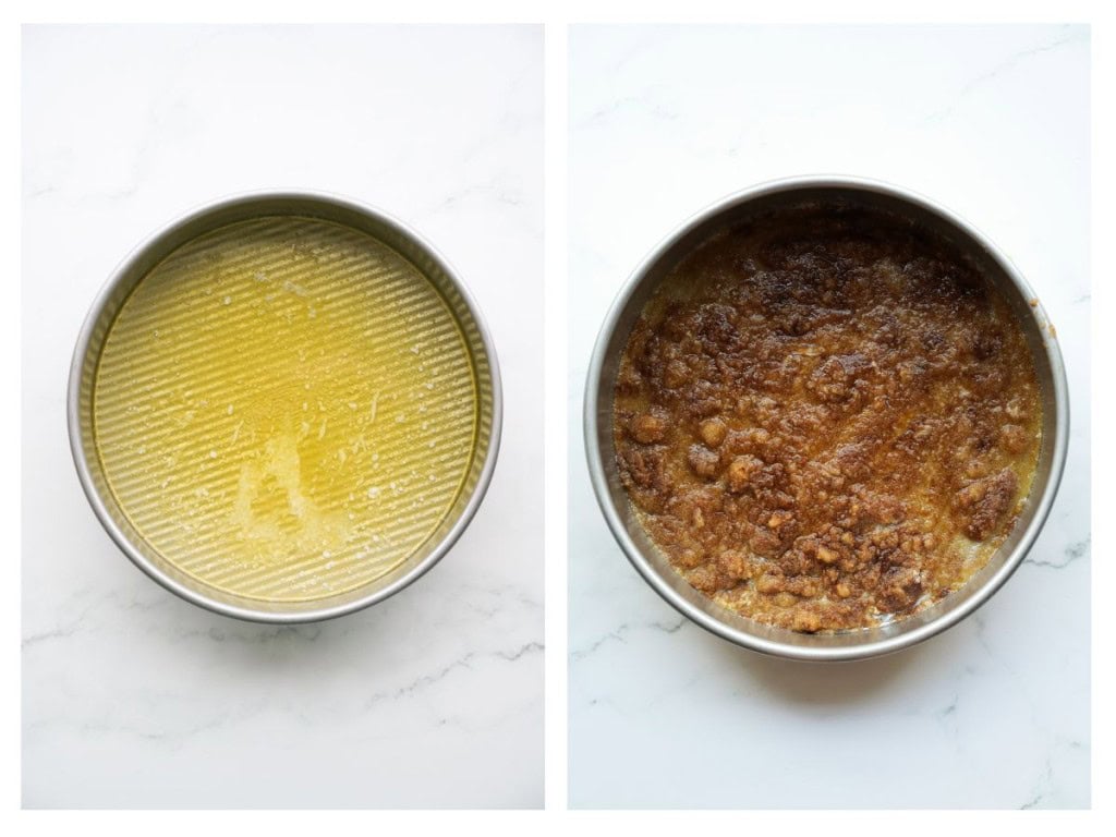 Butter in melted into 9 inch cake pan and then brown sugar is added.