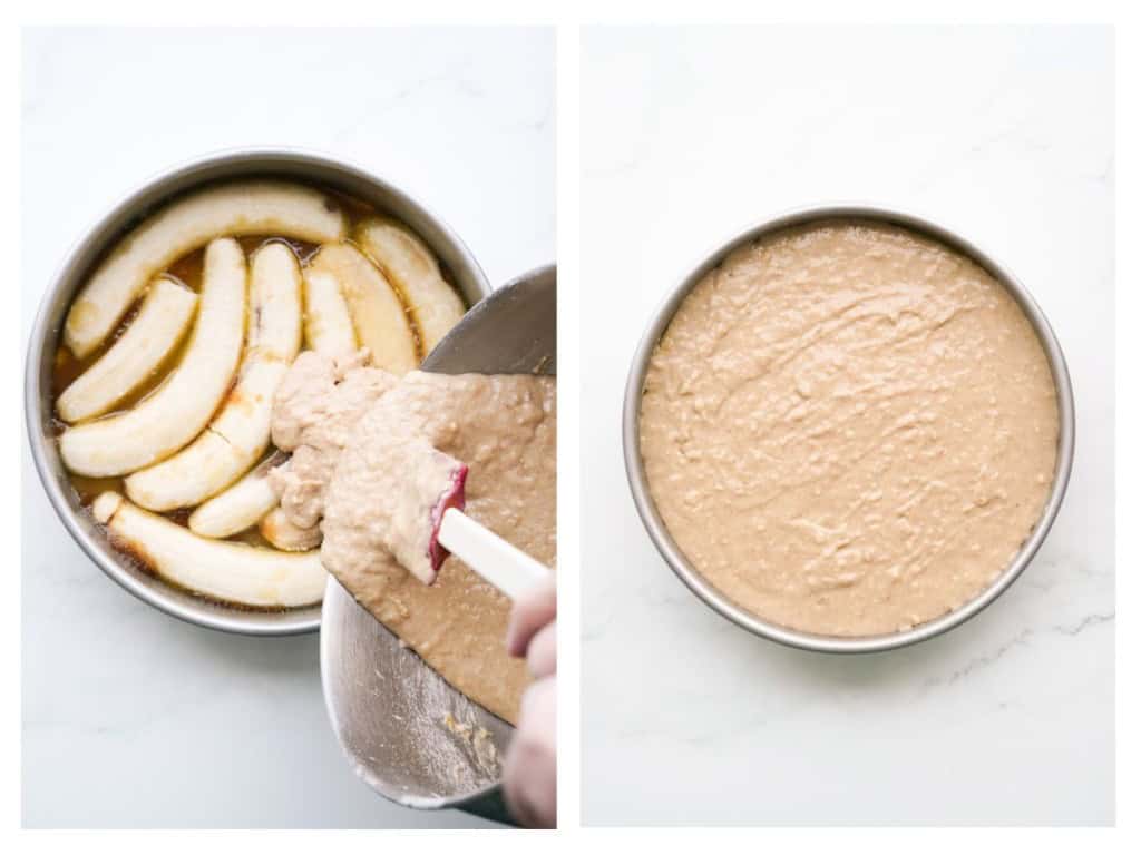 The cake batter is poured into the cake pan over the bananas and then smoothed over.