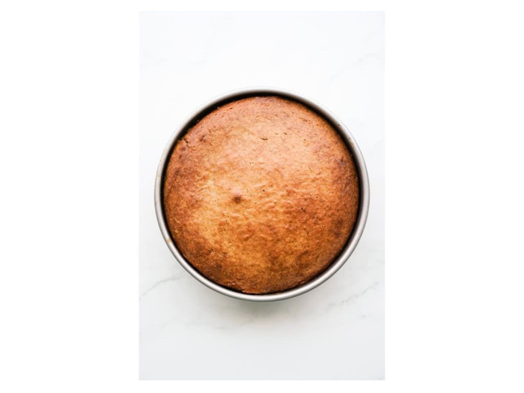 The cake is baked until golden brown.