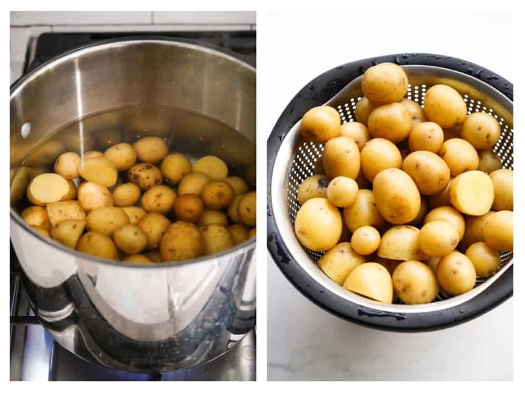 Baby potatoes are placed into a pot of water to be boiled. Once fork tender, the potatoes are removed from heat and strained.