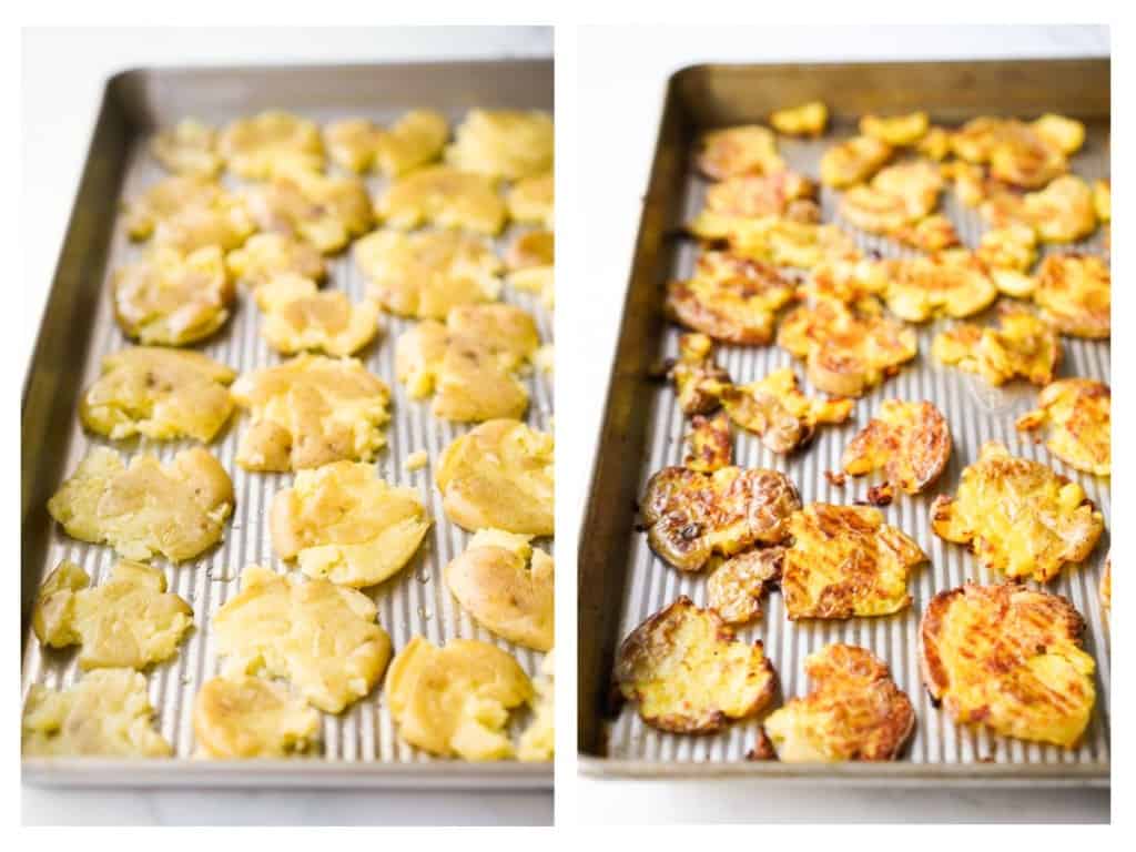 Smashed potatoes are baked until crispy.