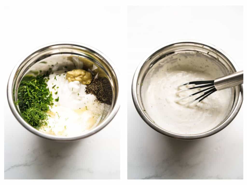 The sauce ingredients are added to a small mixing bowl and whisked together.