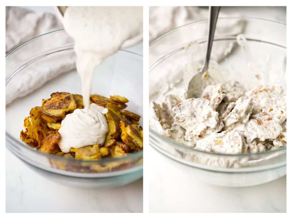 The crispy smashed potatoes are tossed in the creamy sauce.