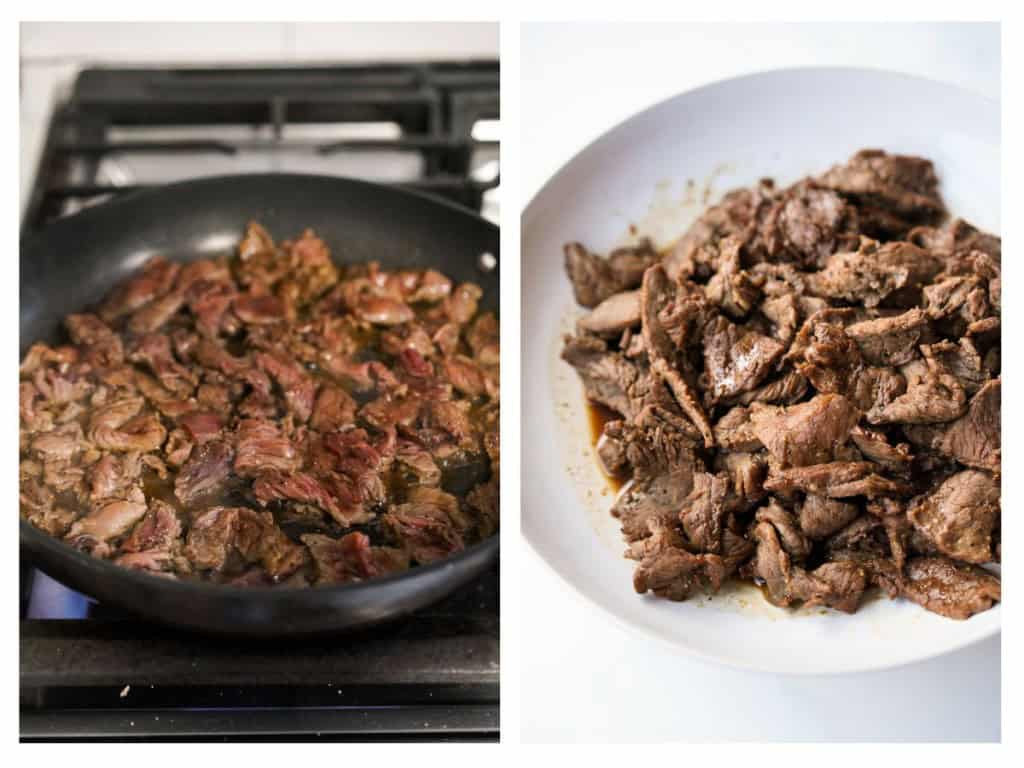 After marinating, the beef is quickly cooked in a hot skillet and removed from heat once fully cooked.