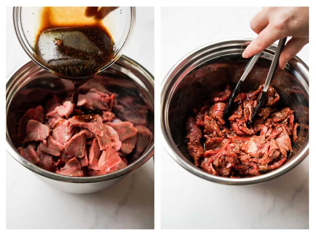 Thinly sliced sirloin is placed in a bowl with a soy based marinate.