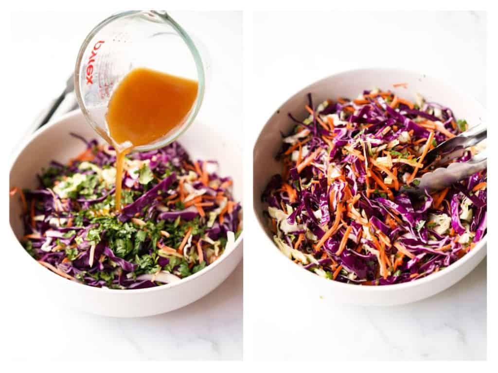 The slaw ingredients are added to a bowl and tossed in the vinegar based sauce.
