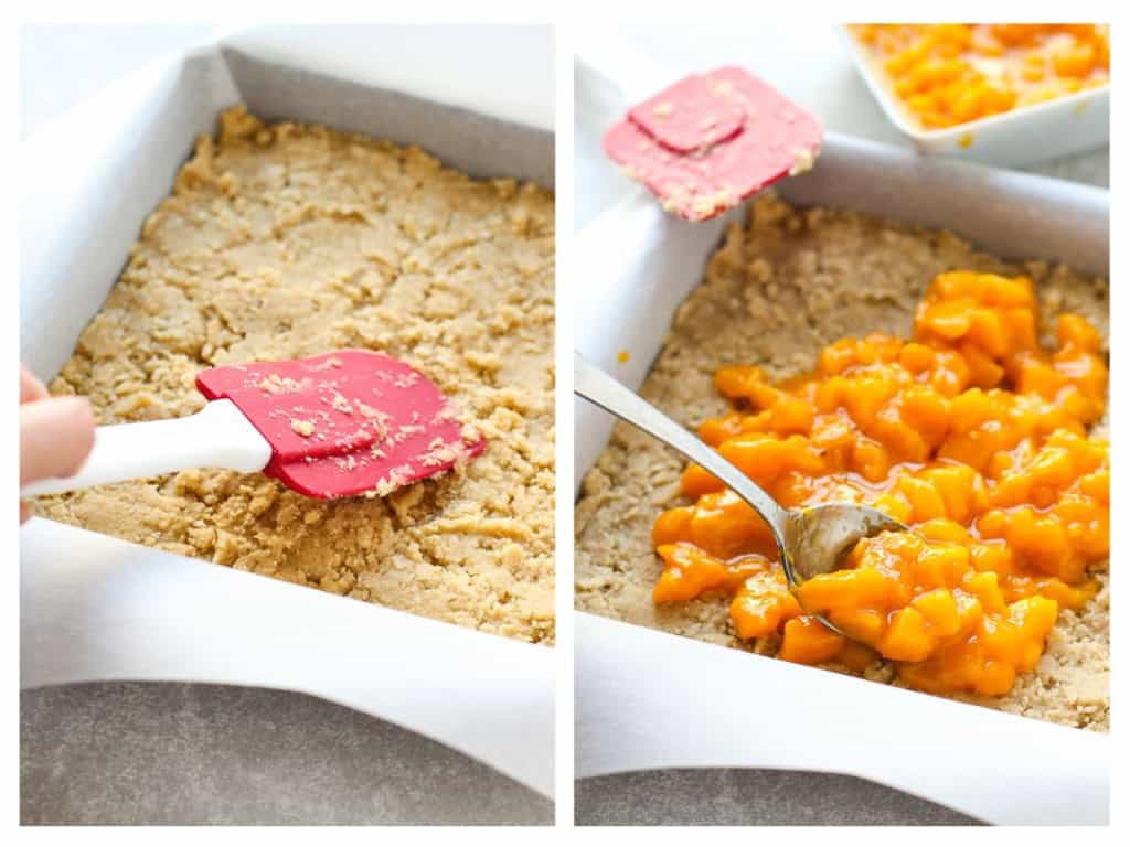 Using a spatula to press down on crumble layer, then adding mango mixture