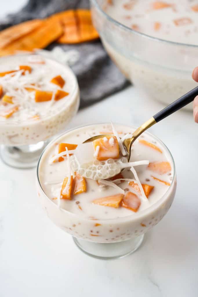 Mango tapioca filled with sago, coconut milk, condensed milk, coconut jelly, and mangos is ready to eat.