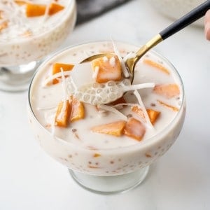 Mango Sago is topped with shredded coconut and ready to eat!