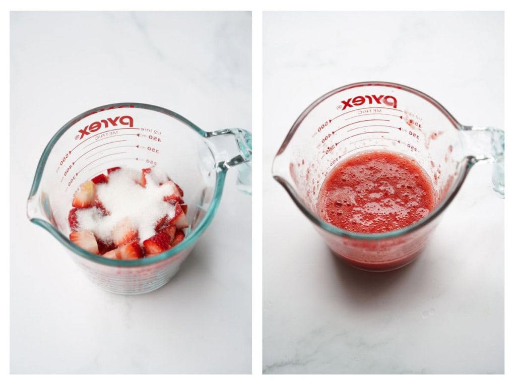 Strawberries and sugar are combined and then pureed.